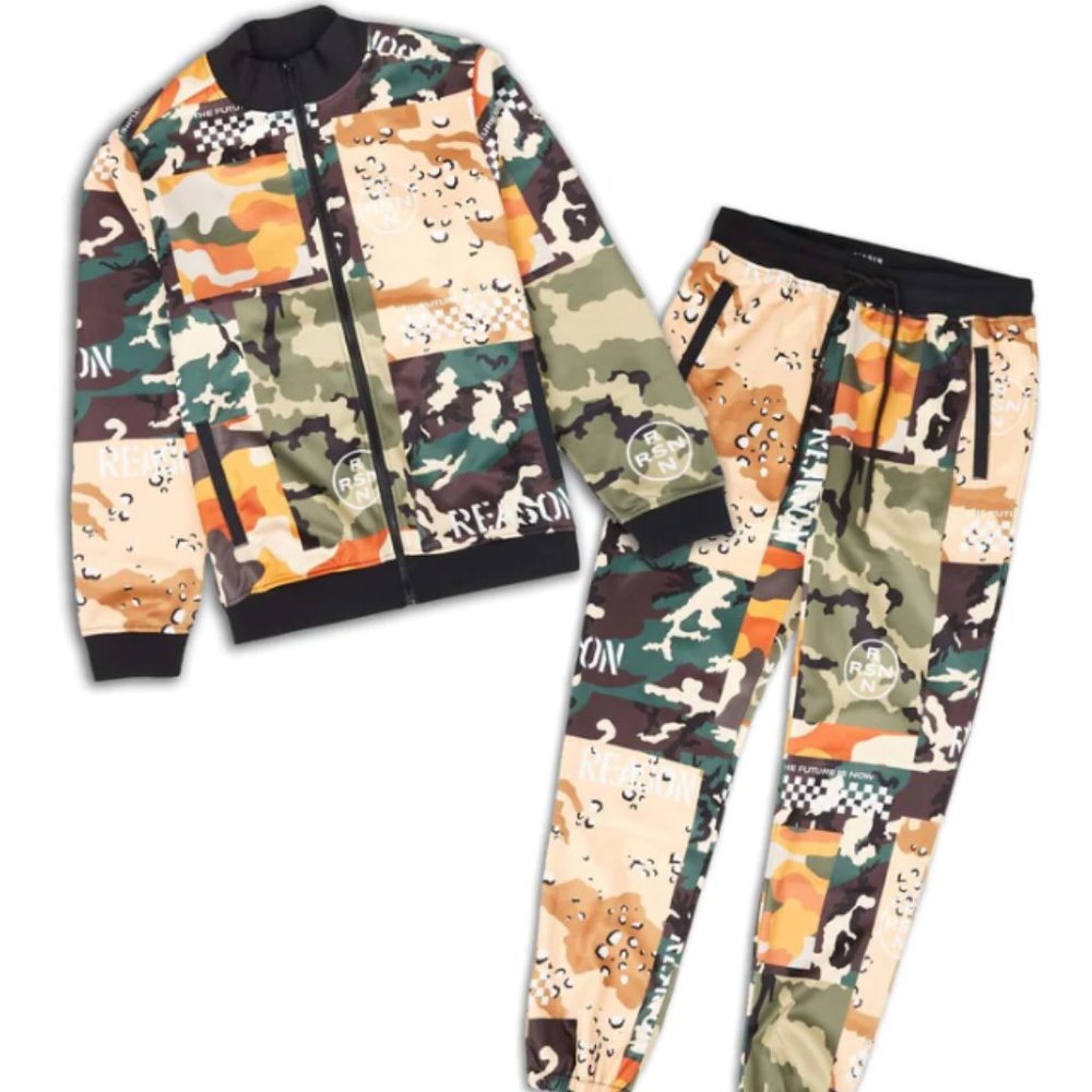 Reason Allover Camo Mixed Print Track Set Tracksuit 2 Piece